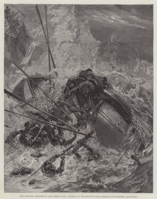 Los desastres del bote salvavidas en la tormenta de la semana pasada, vuelco del bote salvavidas Eliza Fernley, de Southport, Lancashire de William Heysham Overend