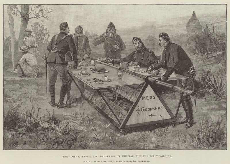 La Expedición Looshai, Desayuno en la Marcha en la Madrugada de William Heysham Overend
