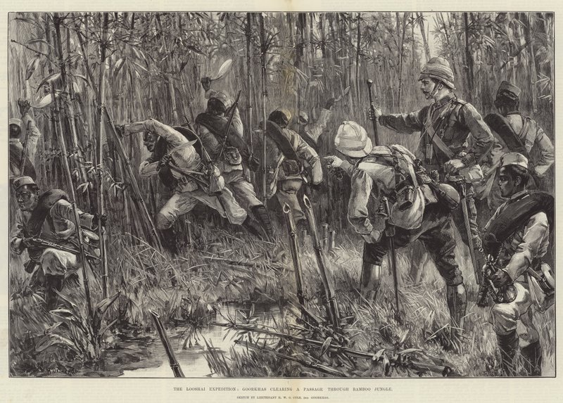 La expedición Looshai, los Gurkhas despejan un paso a través de la jungla de bambú de William Heysham Overend