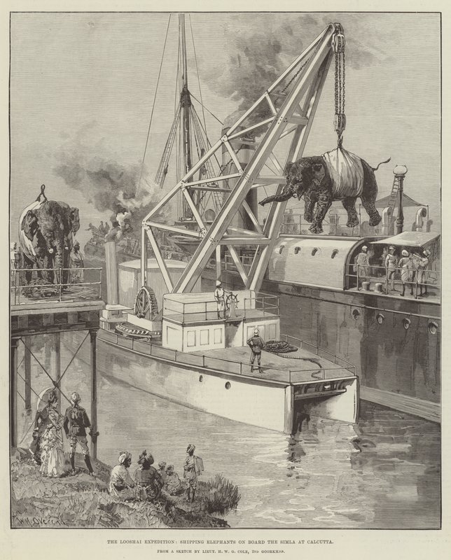 La expedición Looshai, embarcando elefantes a bordo del Simla en Calcuta de William Heysham Overend