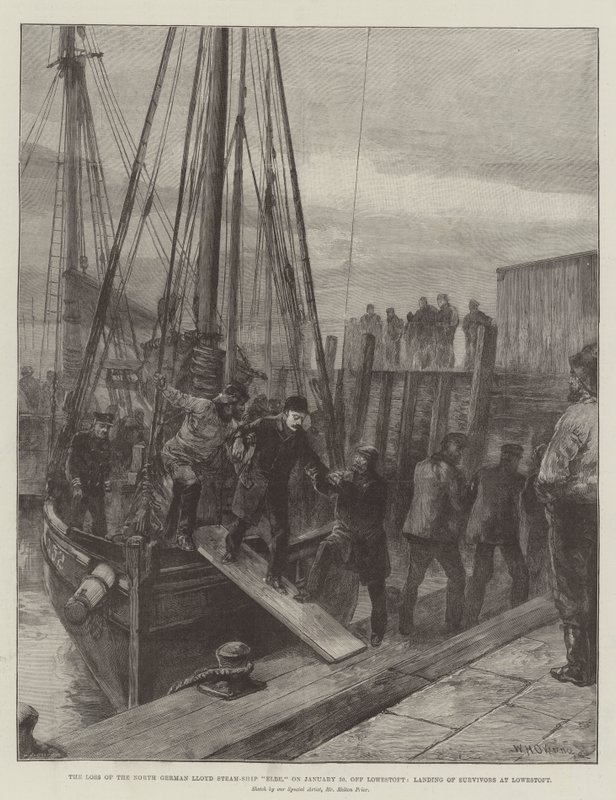 La pérdida del barco de vapor Elbe del Lloyd Alemán del Norte, el 30 de enero, frente a Lowestoft, desembarco de sobrevivientes en Lowestoft de William Heysham Overend