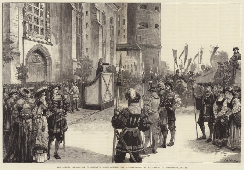 La celebración de Lutero en Alemania, escena fuera de la Schloss-Kirche, en Wittenberg, el miércoles 31 de octubre de William Heysham Overend