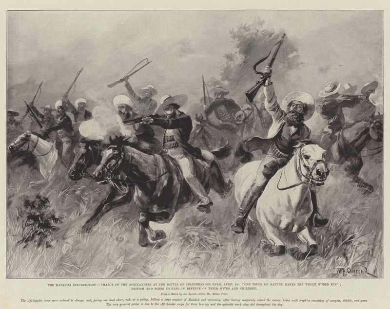 La insurrección de Matabili, carga de los Afrikanders en la batalla de la granja Colenbrander, 25 de abril, un toque de naturaleza hace que todo el mundo sea pariente; británicos y bóers uniéndose en defensa de sus esposas de William Heysham Overend