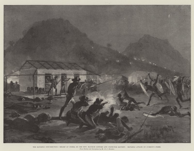 La insurrección de Matabili, alivio de Inseza por el honorable Maurice Gifford e inspector Southey, ataque de Matabili a la tienda de Cummin de William Heysham Overend