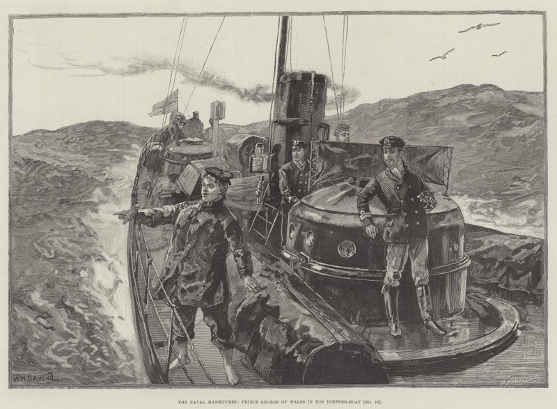 Las maniobras navales, el príncipe Jorge de Gales en su torpedero (No 79) de William Heysham Overend