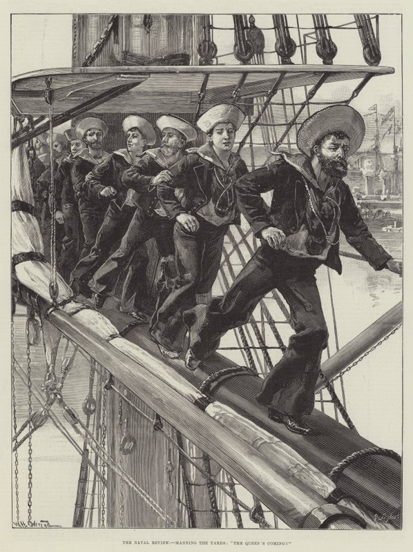 La revisión naval, tripulando los mástiles, ¡La Reina viene! de William Heysham Overend