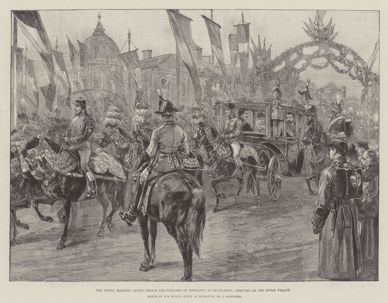 El príncipe heredero y la princesa recién casados de Rumania en Bucarest, llegando al Palacio Real de William Heysham Overend