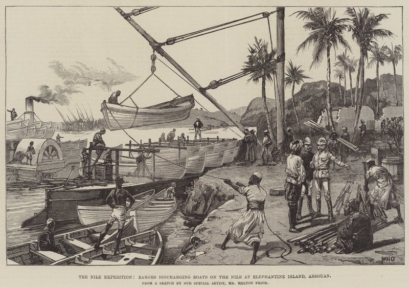 La expedición del Nilo, barcazas descargando botes en el Nilo en la isla de Elefantina, Asuán de William Heysham Overend