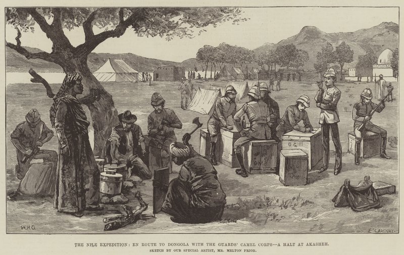 La expedición del Nilo, en ruta a Dongola con el Cuerpo de Camellos de la Guardia, una parada en Akasheh de William Heysham Overend