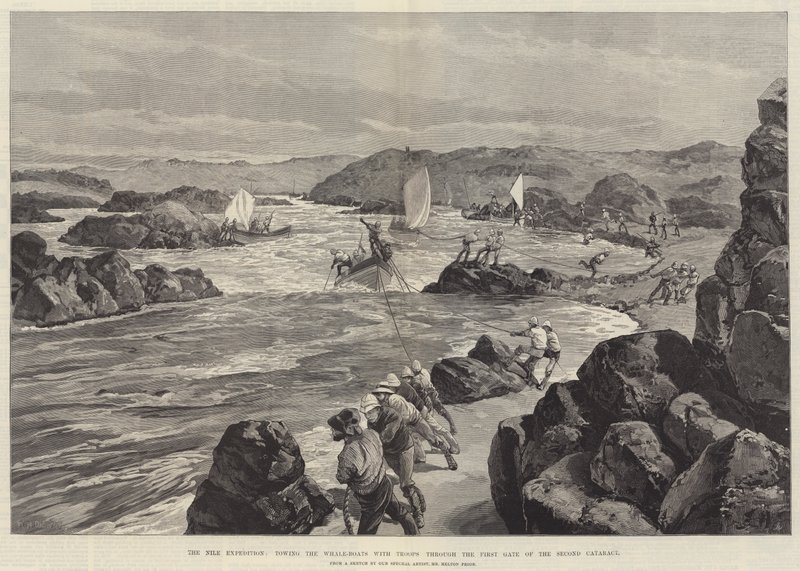 La Expedición del Nilo, remolcando los Botes Ballena con Tropas a través de la Primera Puerta de la Segunda Catarata de William Heysham Overend