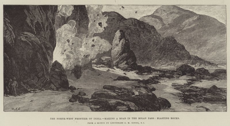 La frontera noroeste de la India, construyendo una carretera en el paso de Bolan, voladura de rocas de William Heysham Overend