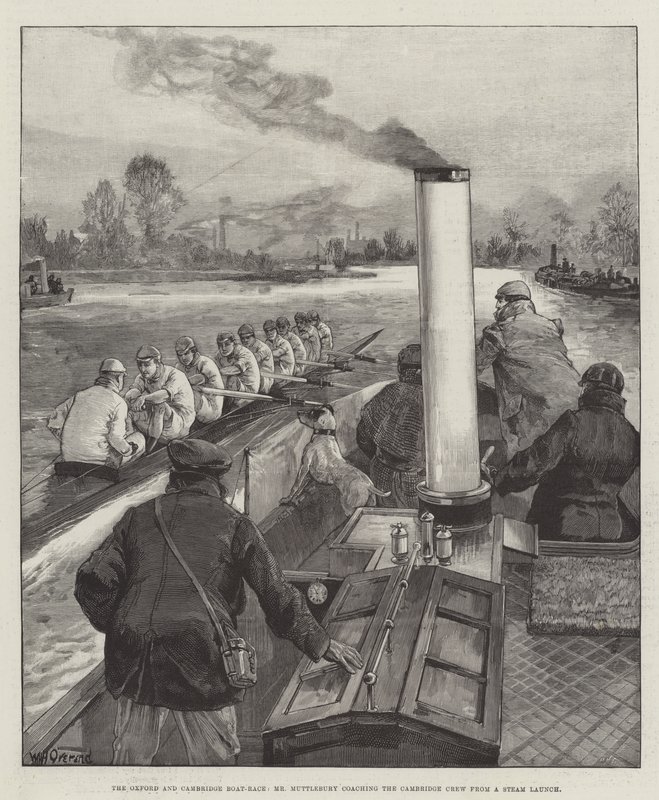 La regata Oxford y Cambridge, el Sr. Muttlebury entrenando al equipo de Cambridge desde un barco de vapor de William Heysham Overend