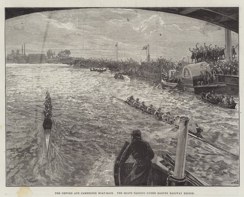 La regata de Oxford y Cambridge, los barcos pasando bajo el Puente del Ferrocarril de Barnes de William Heysham Overend