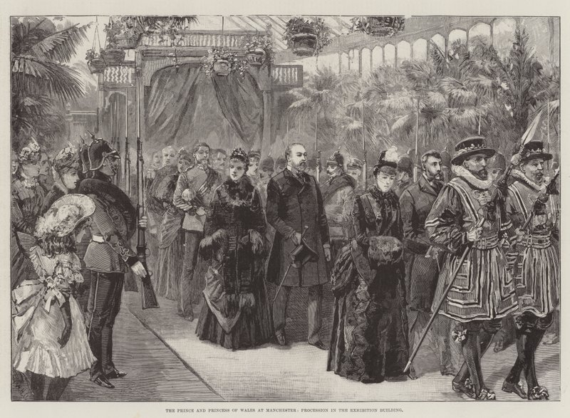 El Príncipe y la Princesa de Gales en Manchester, procesión en el edificio de la exposición de William Heysham Overend