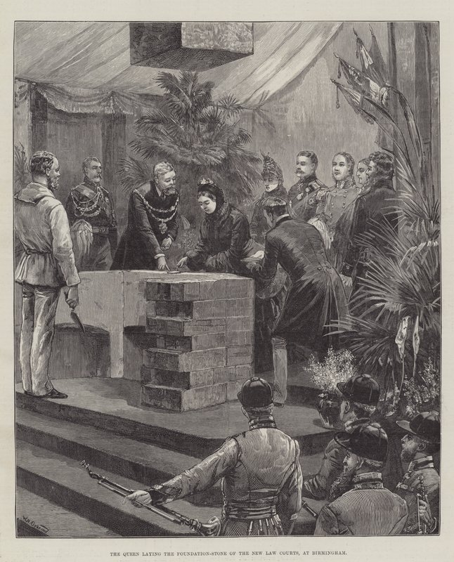La Reina colocando la primera piedra de los Nuevos Tribunales de Justicia, en Birmingham de William Heysham Overend