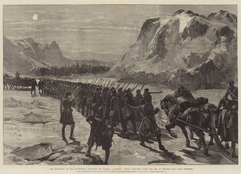La rebelión en el Territorio del Noroeste de Canadá, tropas coloniales marchando sobre el hielo de la Bahía de Nepigon, Lago Superior de William Heysham Overend