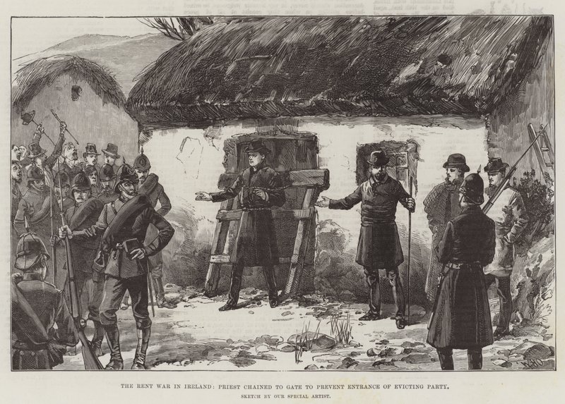 La Guerra de Rentas en Irlanda, Sacerdote encadenado a la Puerta para evitar la Entrada del Partido de Desalojo de William Heysham Overend