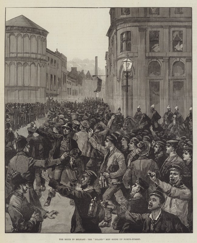 Los disturbios en Belfast, los hombres de la isla subiendo por North-Street de William Heysham Overend