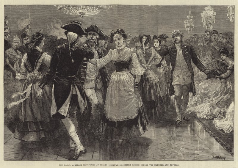 Las festividades del matrimonio real en Berlín, cuadrilla de disfraces bailada ante el Emperador y la Emperatriz de William Heysham Overend
