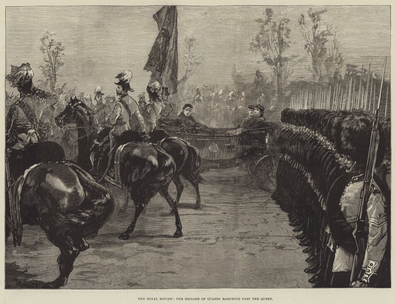 La Revisión Real, la Brigada de Guardias desfilando ante la Reina de William Heysham Overend