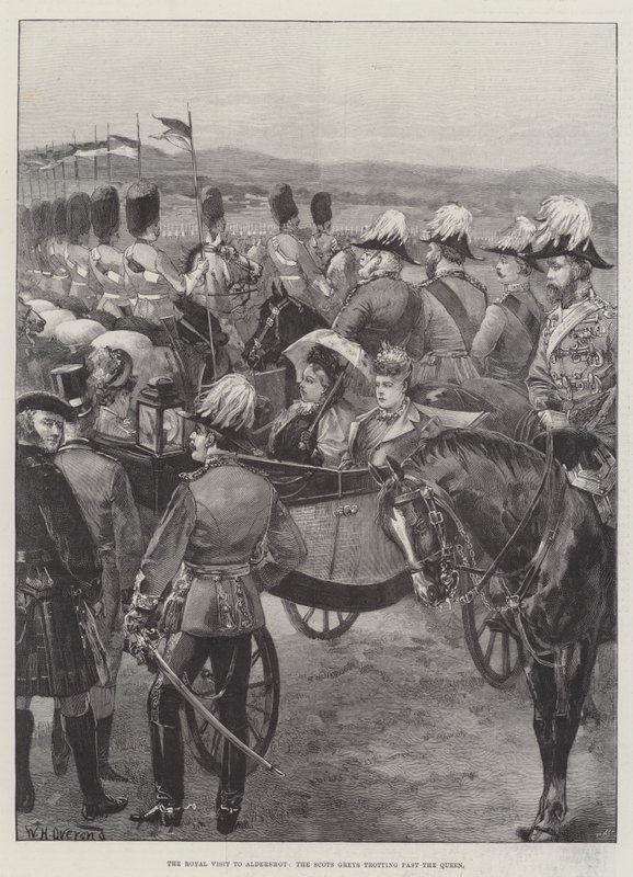 La Visita Real a Aldershot, los Scots Greys trotando frente a la Reina de William Heysham Overend