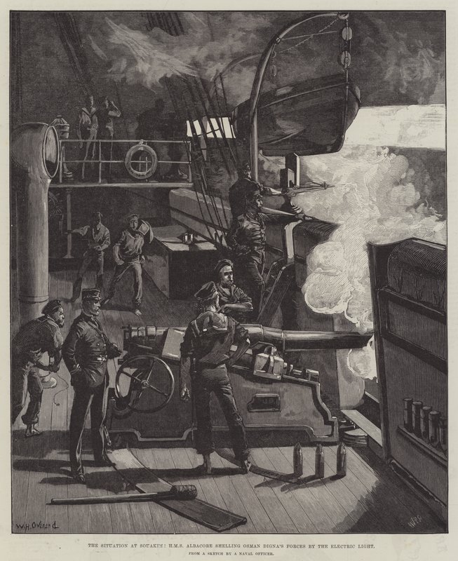 La situación en Souakim, HMS Albacore bombardeando las fuerzas de Osman Digna con luz eléctrica de William Heysham Overend