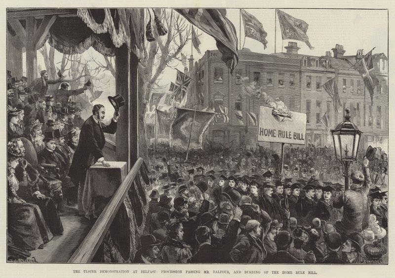 La Demostración del Ulster en Belfast, Procesión pasando por el Sr. Balfour, y quema del Proyecto de Ley de Autonomía de William Heysham Overend