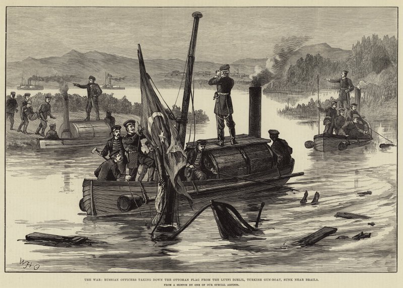 La Guerra, Oficiales rusos bajando la bandera otomana del Lutfi Djelil, cañonera turca, hundida cerca de Braila de William Heysham Overend