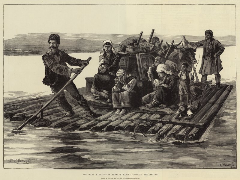 La guerra, una familia campesina búlgara cruzando el Danubio de William Heysham Overend