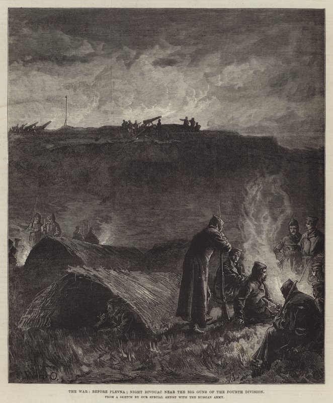 La guerra, antes de Plevna; Bivouac nocturno cerca de los grandes cañones de la Cuarta División de William Heysham Overend