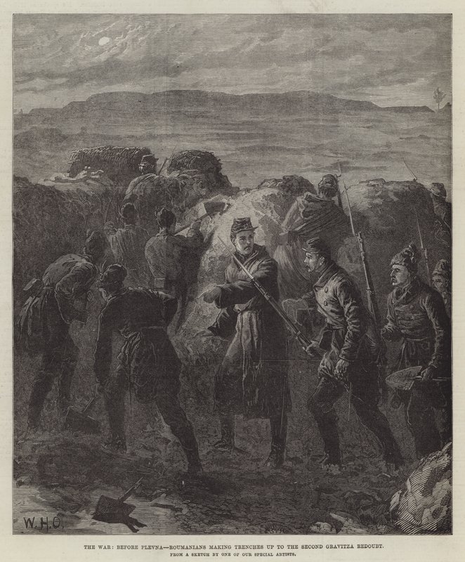 La guerra, antes de Plevna, rumanos haciendo trincheras hasta el segundo reducto de Gravitza de William Heysham Overend