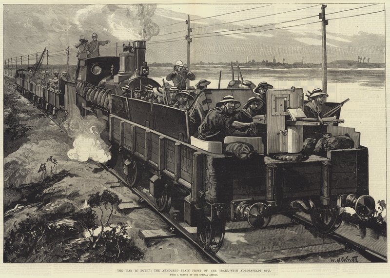 La Guerra en Egipto, el Tren Blindado, Frente del Tren, con Cañón Nordenfeldt de William Heysham Overend