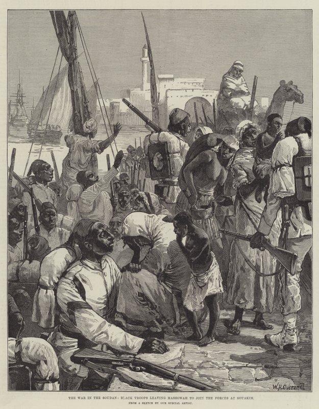 La guerra en Sudán, tropas negras saliendo de Massowah para unirse a las fuerzas en Souakim de William Heysham Overend