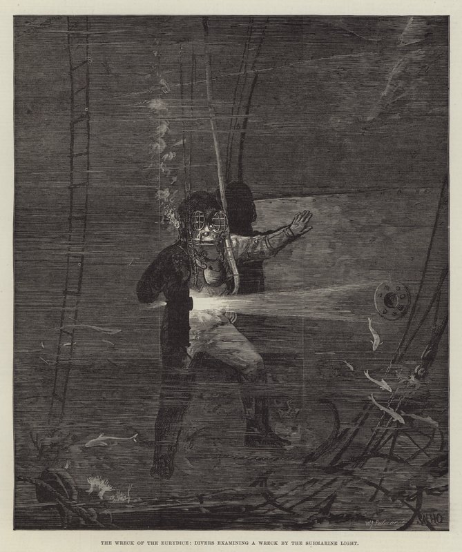 El Naufragio del Eurydice, Buceadores examinando un Naufragio con la Luz Submarina de William Heysham Overend