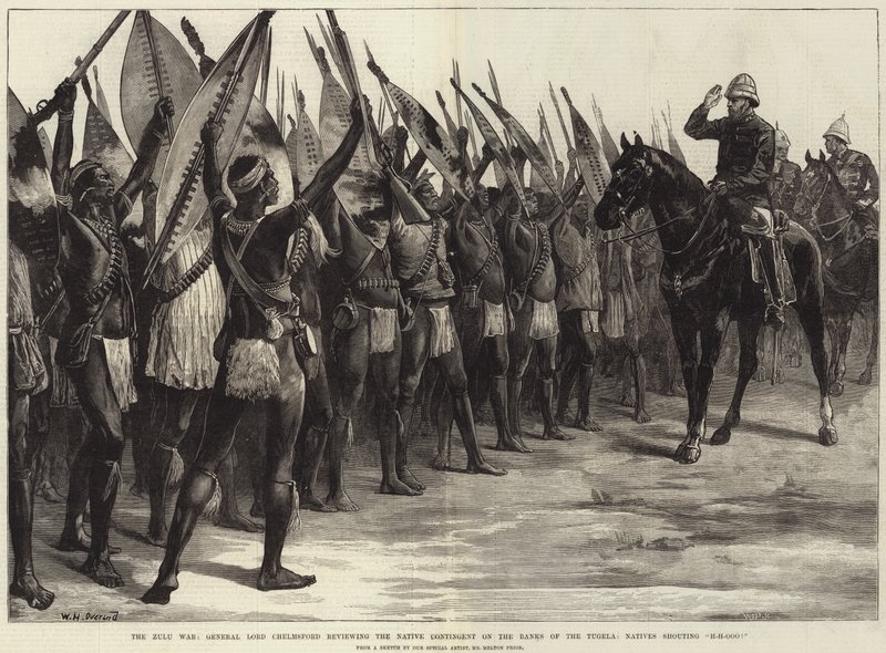 La guerra zulú, el general Lord Chelmsford revisando el contingente nativo en las orillas del Tugela, nativos gritando H-H-Ooo! de William Heysham Overend