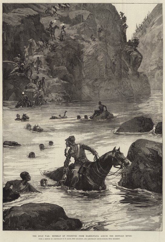 La guerra zulú, retirada de fugitivos de Isanhlwana a través del río Buffalo de William Heysham Overend
