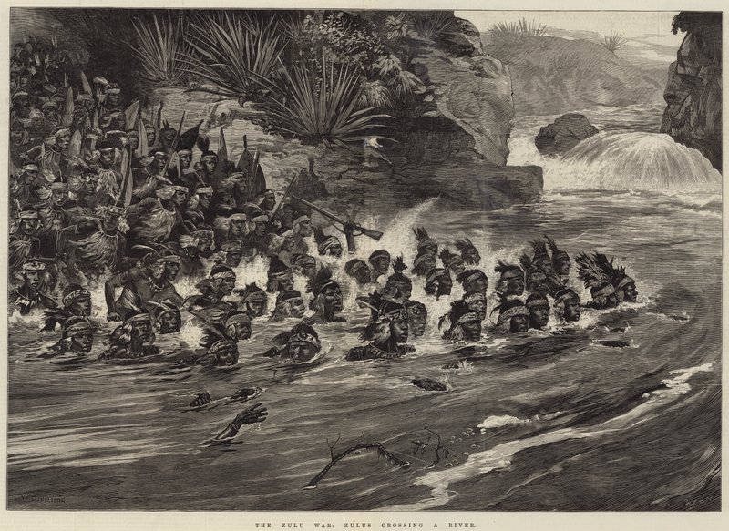 La guerra zulú, zulúes cruzando un río de William Heysham Overend