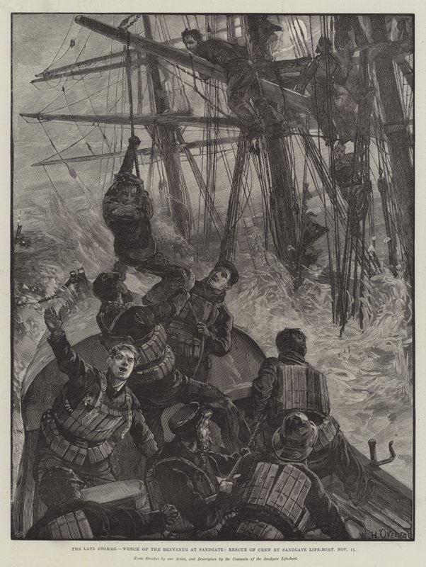 Las tormentas recientes, naufragio del Benvenue en Sandgate, rescate de la tripulación por el bote salvavidas de Sandgate, 11 de noviembre de William Heysham Overend