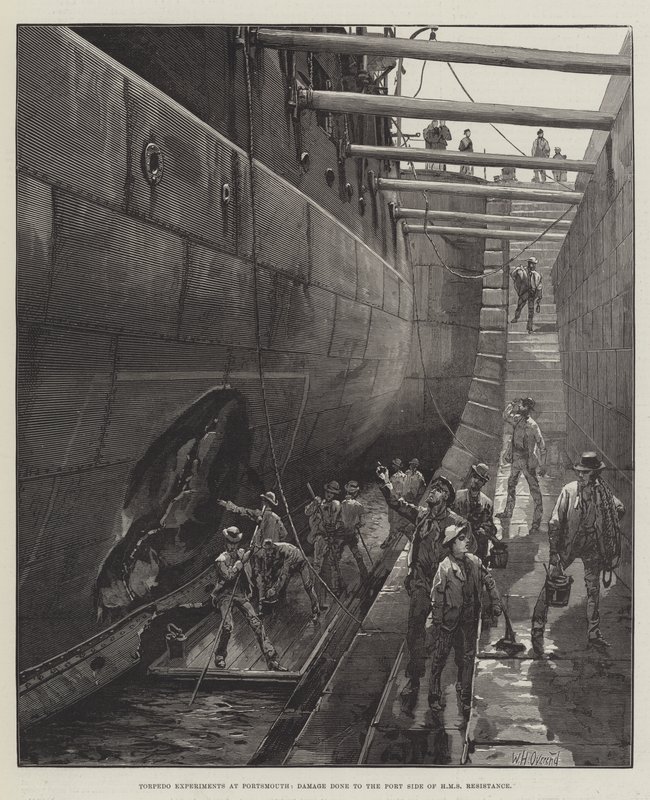 Experimentos de torpedos en Portsmouth, daños en el lado de babor del HMS Resistance de William Heysham Overend