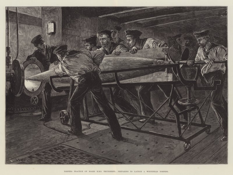Práctica de torpedos a bordo del HMS Thunderer, preparándose para lanzar un torpedo Whitehead de William Heysham Overend