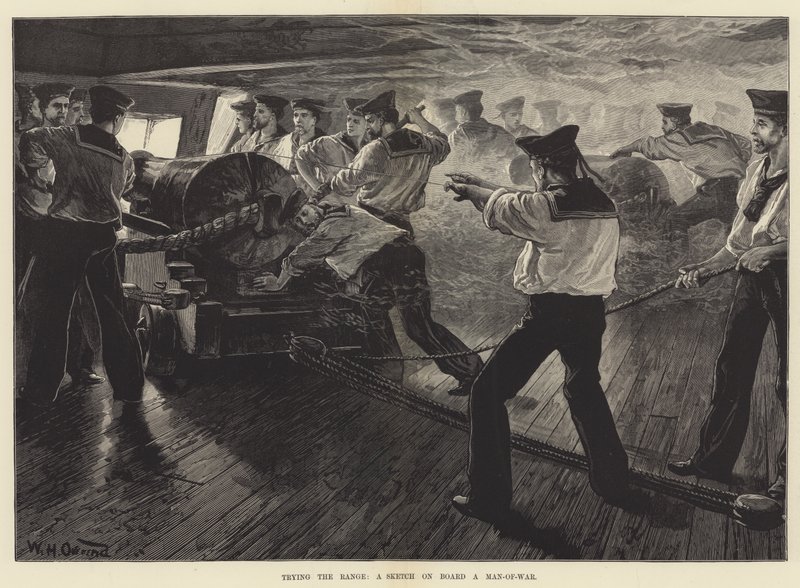Probando el alcance, un boceto a bordo de un buque de guerra de William Heysham Overend