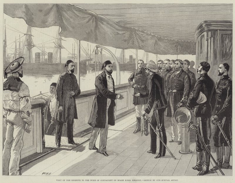 Visita del Jedive al Duque de Connaught a bordo del HMS Helicon de William Heysham Overend