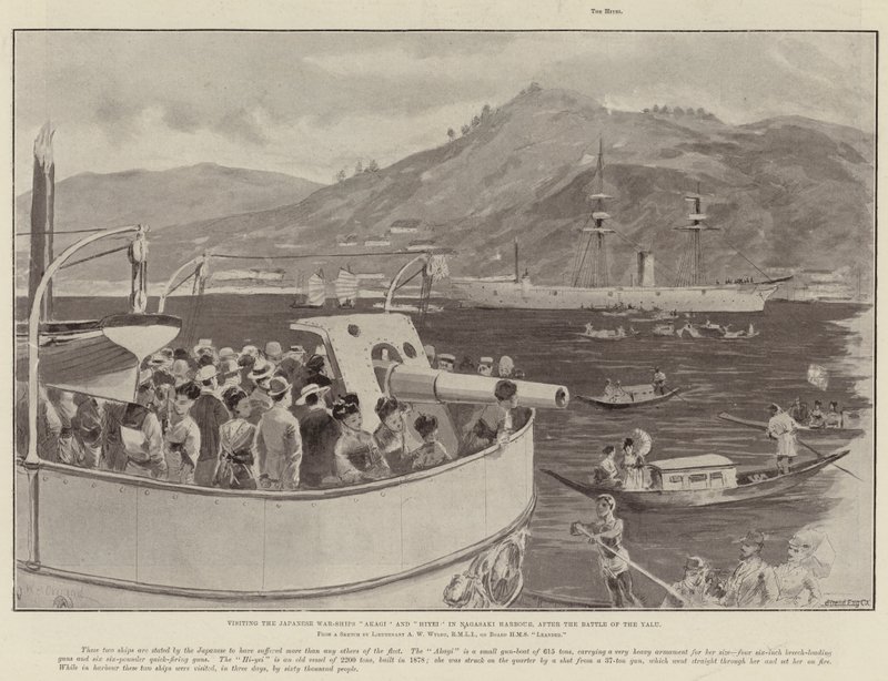 Visitando los Buques de Guerra Japoneses Akagi y Hiyei en el Puerto de Nagasaki, después de la Batalla del Yalu de William Heysham Overend