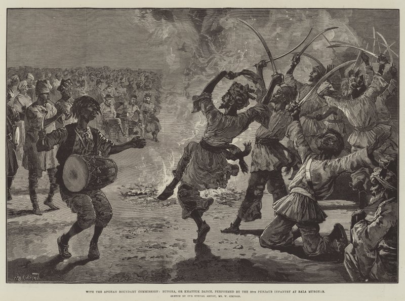 Con la Comisión de Fronteras de Afganistán, Bungra, o danza Khattuk, realizada por la 20ª Infantería de Punjaub en Bala Murghab de William Heysham Overend