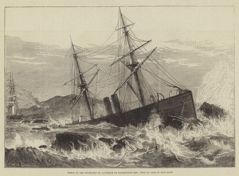 Naufragio del barco de vapor San Lorenzo en el arrecife Paternoster, al oeste del Cabo de Buena Esperanza de William Heysham Overend