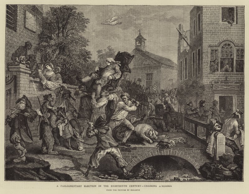 Una elección parlamentaria en el siglo XVIII, llevando a un miembro de William Hogarth