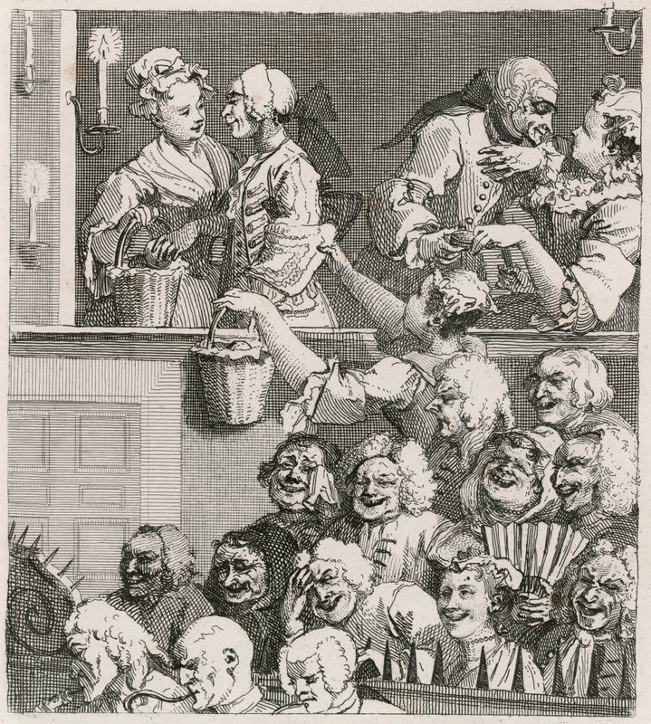 La audiencia risueña. Vista de Hogarth de Drury Lane con vendedoras de naranjas en 1733 de William Hogarth