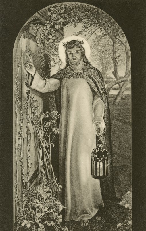 La Luz del Mundo, pintura en Keble College, Oxford, Oxfordshire, que representa a Cristo llevando una linterna y llamando a una puerta de William Holman (after) Hunt