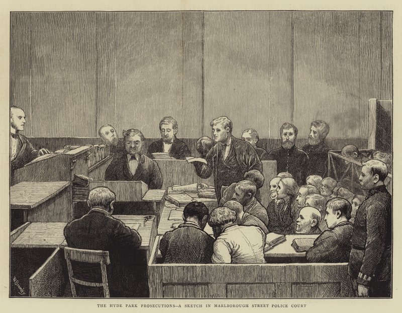Las persecuciones en Hyde Park, un boceto en el Tribunal de Policía de Marlborough Street de William III Bromley