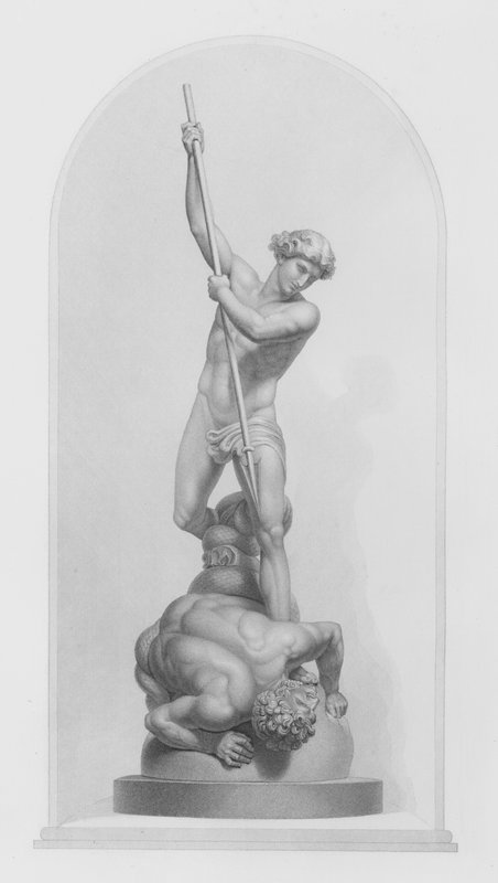 Miguel y Satanás, del grupo en mármol de Flaxman, RA, grabado por W Roffe de William John Roffe